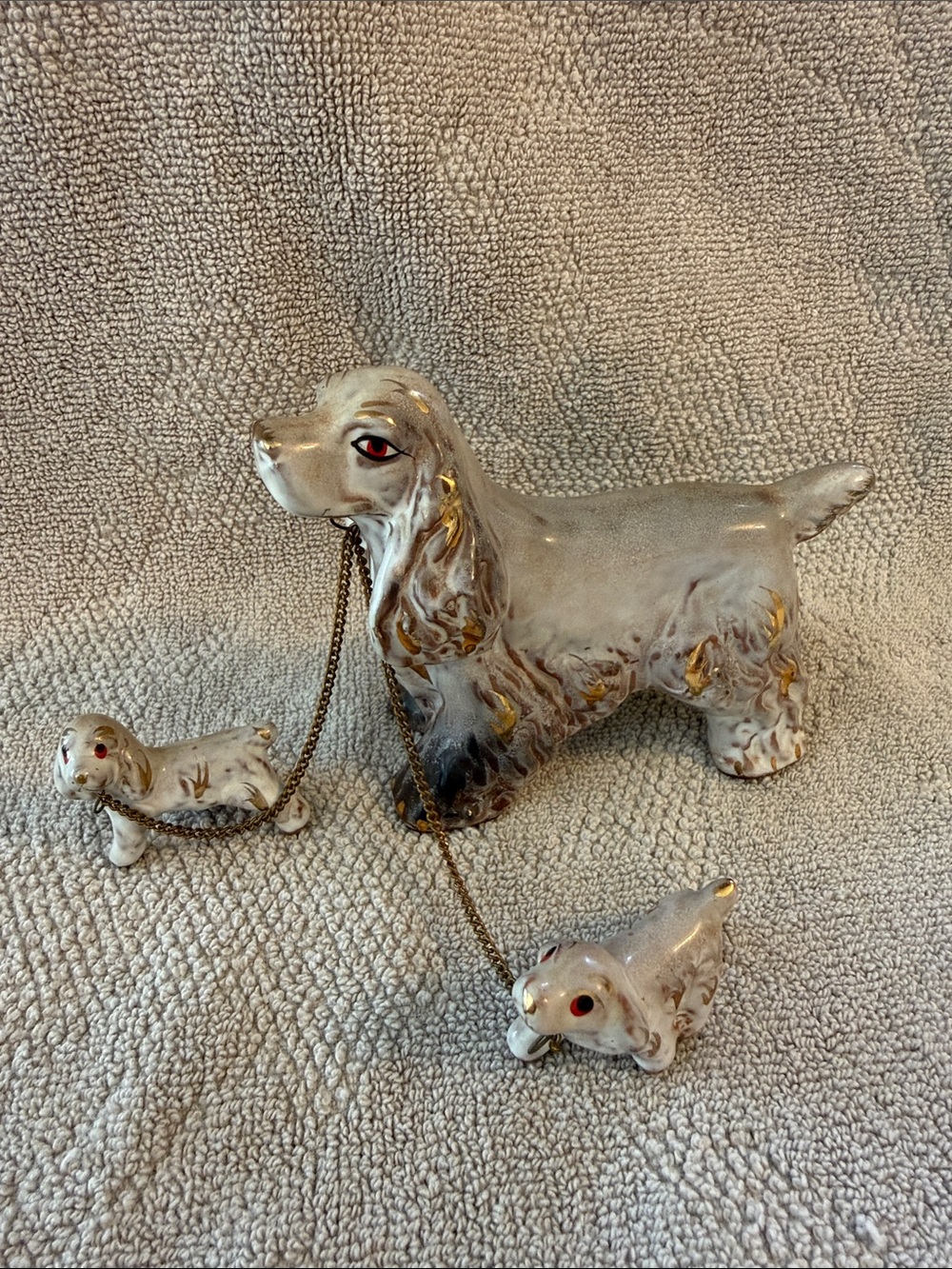Vintage cocker spaniel Ceramic Dog Trio Figurines in Gray and Gold